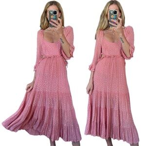 Anthropologie RAHI Dusty Pink Gold Metallic Polka Dot Cut Out Boho Maxi Dress